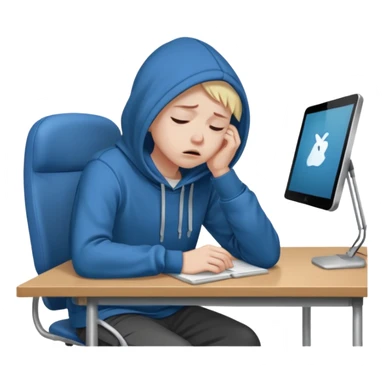 A person wearing a hoodie experiencing burnout, exhausted and overwhelmed, tired eyes, slumped posture, sitting at a desk, iOS emoji style sticker