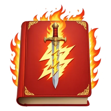 A fiery red book with golden details, a textured, leather-like cover, a flaming sword, or a lightning bolt, radiating power, resilience, and the fire of transformation-- the inner strength book sticker