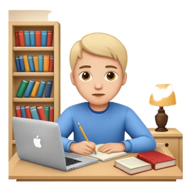 emoji student studying at home english books, macbook bored, room, white background sticker