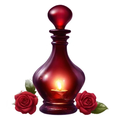 Dark red magic fairy light sparkling old Antique oil perfume bottle with herbal and rose flowers sticker