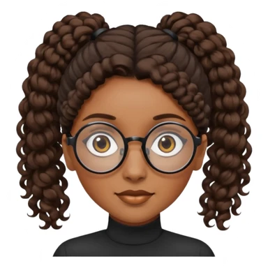 chica morena de ojos claros con gafas negras exagonales redondeadas. y pelo rizado castaño con todo el pelo recogido en una coleta .. Con todo el pelo recogido un clen look solamente una coleta sticker