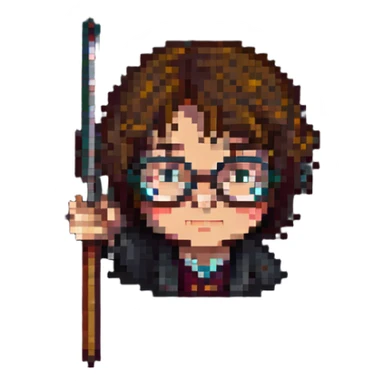 Harry Potter in pixel art style, with round glasses and a wand sticker