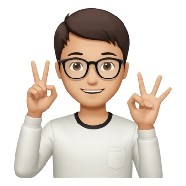 young Asian man with cool brown short hair, wearing black framed glasses, a white top, making an OK gesture with his right hand, and smiling confidently sticker