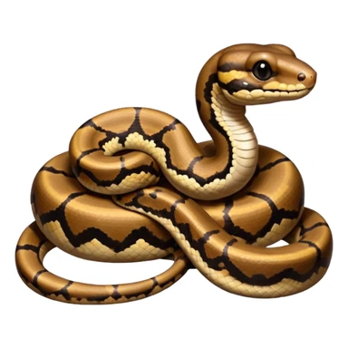 A photo-realistic digital illustration of a Ball Python, chest upward, with a short, rounded head, thick body, and a calm, curious expression. It has a warm brown base color with irregular dark blotches shaped like “alien heads,” and matte-textured scales that emphasize its small, stocky form. sticker
