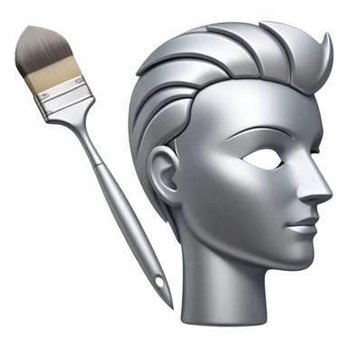 A paintbrush that transforms into a human metal silver silhouette sculpture emblem, symbol of artistic identity, with a highly polished silver metallic finish sticker
