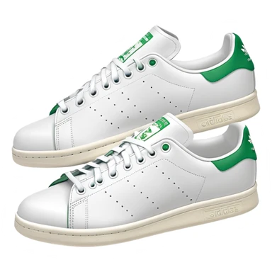 Pair of Adidas Stan Smith sneakers in white and green colorway, one positioned behind the other, both shoes shown from side angle sticker