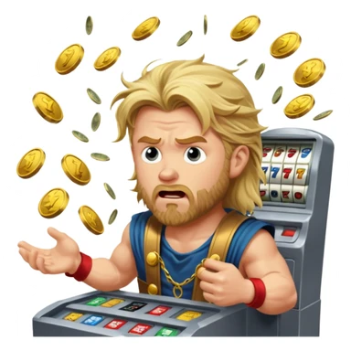 disheveled Thor losing money at a slot machine, panicked face, coins flying sticker