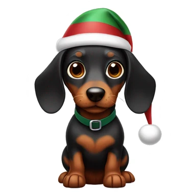 A black and brown Wiener Dog wearing a Santa hat sticker