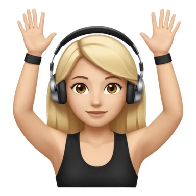 I want a white female dj animated gif emoji with long straight centre parting blonde hair, brown eye brows and putting hands up in the air. Wearing a black tight top with no sleeve. Also wearing DJ headphones  sticker