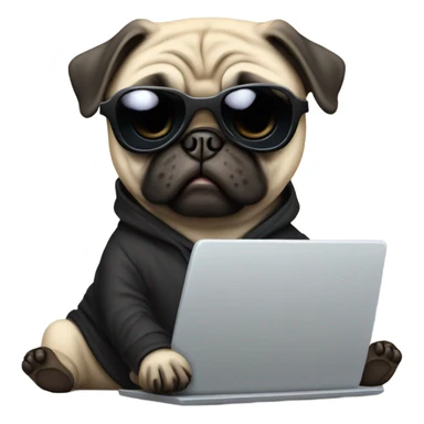 Pug wearing a black hoodie and using a laptop and wearing sunglasses sticker