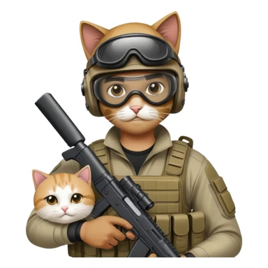 Man in tactical airsoft gear wearing protective goggles on face, holding a gun in one hand and a white and brown cat in the other hand sticker