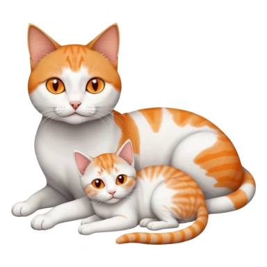 full body of a grey and white cat cuddling a very small + skinny ginger and white kitten with deep orange eyes and triangular shaped face lying down sticker
