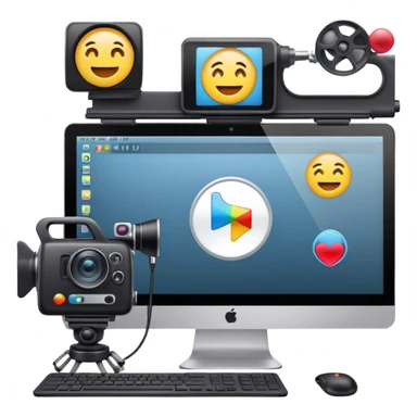 Create an emoji of video editing. Should feature a video editing timeline or interface on a computer screen, showing clips and a playhead. Include a video camera and editing tools. No smiley faces. Make the background transparent. sticker