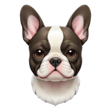 Cinematic Noble Pied French Bulldog Portrait Emoji, Radiating regal yet playful charm, with a distinctive pied fur of contrasting hues and a sculpted, expressive face featuring gentle, wise eyes and a confident stance, simplified yet artistically detailed, glowing with a soft, sophisticated radiance, high shine, exuding intelligent nobility and refined flair, soft glowing outline, capturing the essence of a noble Pied French Bulldog that embodies both strength and grace! sticker