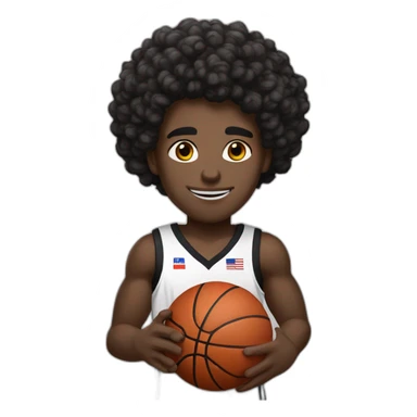 black basketball player holding the notebook wearing black and white "partizan" jersey with serbian flag medium curly hair and handband sticker