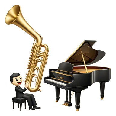 Create an elegant and vintage-inspired emoji representing jazz vocal performance with a classic jazz microphone, a grand piano, and a Selmer Model 19 trumpet resting on top of the piano. The design should feature a sleek, vintage microphone (like those from the 1940s) with a glossy, metallic finish. The piano should be depicted with a shiny black finish, and the trumpet should have a polished, golden look, resting gracefully on the piano keys. Add subtle musical notes or a soft soundwave to suggest the flow of music. Use rich, deep colors like gold, black, and silver to evoke the timeless, classy vibe of jazz. The background should be transparent. sticker