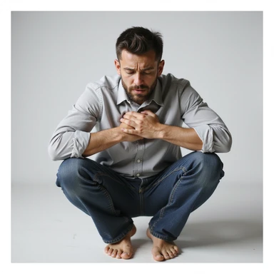 realistic 30-year-old man suffering anxiety, sitting with knees to chest, contracted body, closed eyes, neutral background sticker