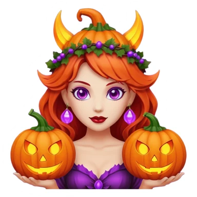 female-succubus-emoji,-red-skin,-purple-eyes,-elegant-face,-pumpkin-wreath-on-head,-with,-holding-small-glowing-pumpkin-lantern,-halloween-fantasy sticker