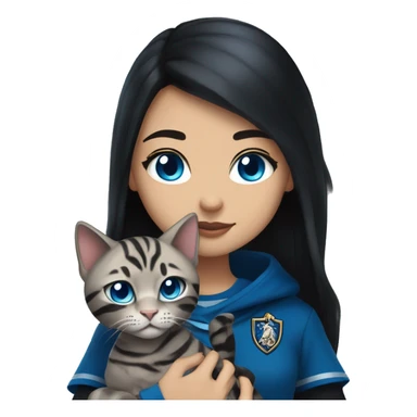 Girl with light skin, blue eyes, shoulder length straight black hair, wears a ravenclaw outfit, with a silver bengal cat holding in her arms sticker