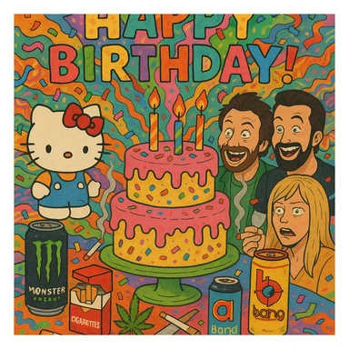 over-the-top birthday card with Hello Kitty, Sunny in Philadelphia characters, energy drinks, cigarettes, marijuana, giant cake, confetti, wild colors and patterns sticker
