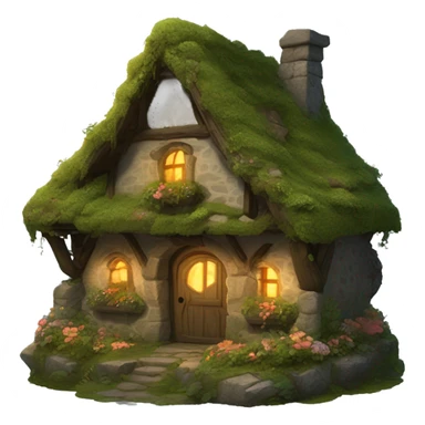 A cozy fantasy cottage made of stone and wood, covered in moss, vines, and flowers. The windows are aglow with firelight. sticker