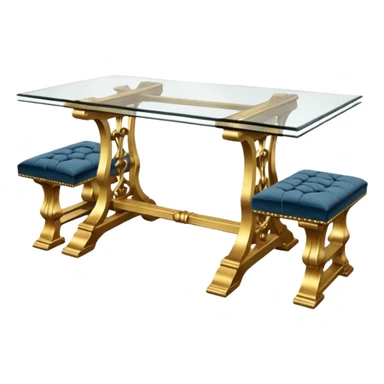 A glass topped rectangular trestle table with 2 side benches and 2 thrones at the ends sticker