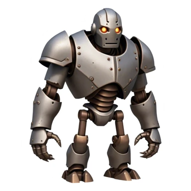 Cinematic Fierce Mighty Iron Golem Portrait Emoji Depicted mid-action in a dynamic, battle-ready stance, massive fists clenched, the ancient metallic plates along its form shifting with raw power. Its eyes blaze like molten fire within a carved, rune-etched face, exuding both divine purpose and mechanical precision. Weathered steel and dark bronze tones are accented by glowing, arcane inscriptions, each detail meticulously crafted with lifelike metallic reflections. High shine, imposing yet regal, styled with an air of indestructible might, soft glowing outline, capturing the essence of an unstoppable colossus that looks ready to charge forth with a thunderous step! sticker