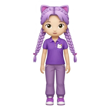 hello kitty wearing purple polo shirt and kyaki pants with long fishtail braids baddie with 2025 efect sticker