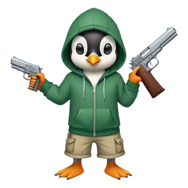 A cute half-dolphin half-penguin thug with a gun, wearing a blood-stained green hoodie and Dollar General shorts sticker
