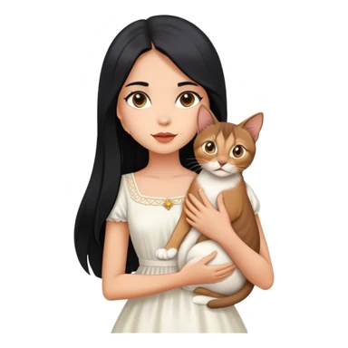 A beautiful girl with long black hair wearing a white dress holds an Abyssinian cat in her arms sticker
