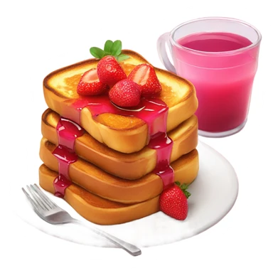 Stack of French toast with strawberry on top and pink syrup sticker
