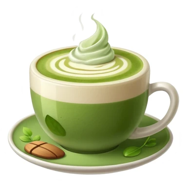a matcha latte in a ceramic cup with latte art sticker
