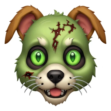 zombie dog portrait, head and shoulders only, torn fur, glowing green eyes, stitched face details, spooky but cute, 3D cartoon, mobile game icon style, clean background, no text, no watermark
 sticker