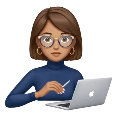 Woman with brown hair wearing navy blue turtleneck, gold hoops and blue screen glasses typing on laptop sticker