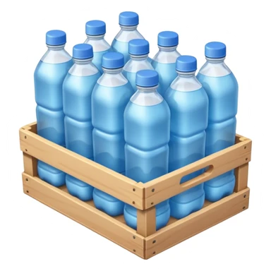 A 3D cartoon crate filled with water bottles, neatly arranged, bright industrial background, smooth reflections, realistic Memoji-style. sticker