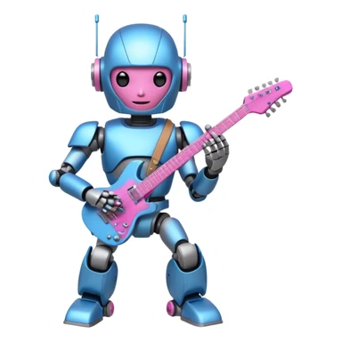 a cyper robot carry her note and electric guitar and try to change the world with pink and bluecolor sticker