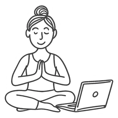 hand-drawn outlined icon of a yoga teacher with a laptop sticker