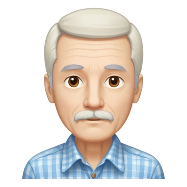 Skinny man in his 70s with fair skin. Long narrow face. Gentle light brown eyes. Fine straight white hair with light bangs, hair length extends below the ears. Thin eyebrows. White goatee connected to mustache. Slender appearance. Wearing a light blue and beige checkered button-up shirt. sticker