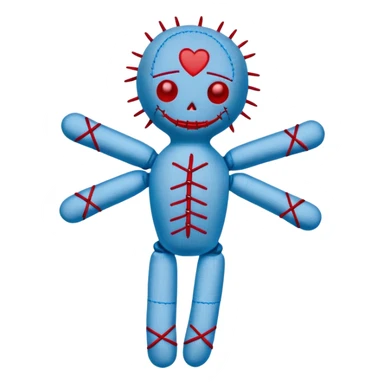 A voodoo doll made of fabric with Carolina blue (light blue) body and red stitches, with pins stuck in it sticker