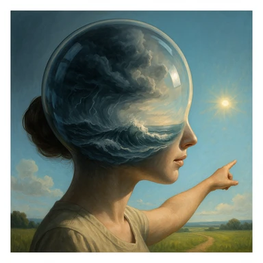Surreal close-up of a woman's head as a glass globe, inside stormy memories play on loop, outside her body points to sunny present-day opportunities, hyperrealistic 4K, poetic and surreal atmosphere, strong contrast between inside and outside sticker