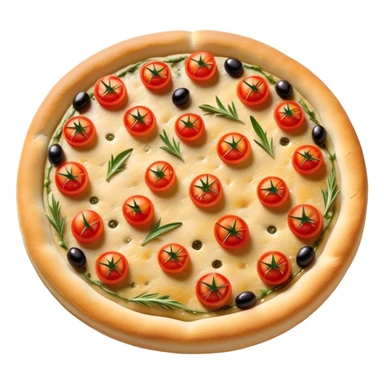 cinematic-realistic-focaccia-bread-dish-emoji,-depicted-as-a-golden,-olive-oil-brushed-flatbread-sprinkled-with-herbs-rendered-with-lifelike-texture-and-soft,-appetizing-lighting showing olives on top and the cherry tomatoes sticker