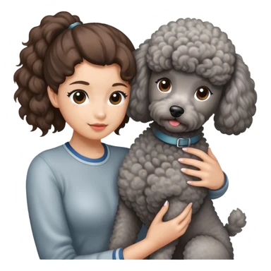 A girl with a brown ponytail holding a grey poodle sticker