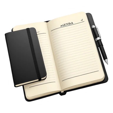 A classic black Moleskine notebook open to show an agenda page with meeting items and bullet points sticker