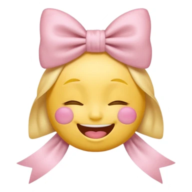 classic yellow laughing emoji with a very pretty pale pale pink bow no nose and closed eyes sticker