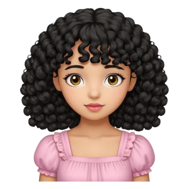 uma menina fofa de pele oliva e cabelos pretos encaracolados e com franja encaracolada e um vestido rosa pastel sticker