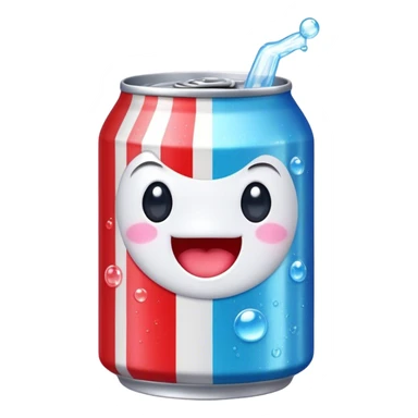 Cute Kawaii Soda Can, bubbly and vibrant, bright red and blue stripes, playful fizz popping around, a chubby happy face with wide sparkling eyes, energetic and refreshing! sticker