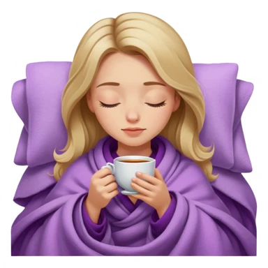 dark blonde girl inside a lilac blanket sipping tea eyes closed sticker
