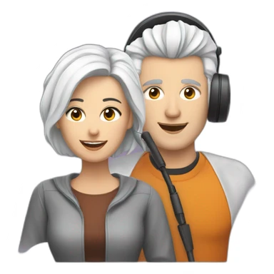 White man with dark hair and woman with short white hair, podcasting with mics and a MacBook sticker