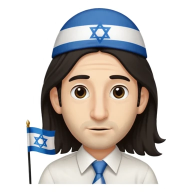 jewish jew man's face, wearing a tiny black kippah and 2 thin long hair strands near the ears, big nose, only face, no body, no mustache, holding israel flag sticker