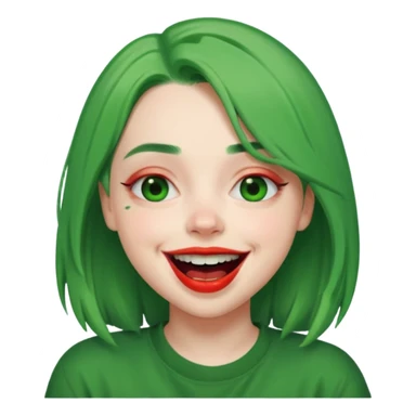 girl with green hair like Billie Eilish and red lipstick, laughing expression sticker